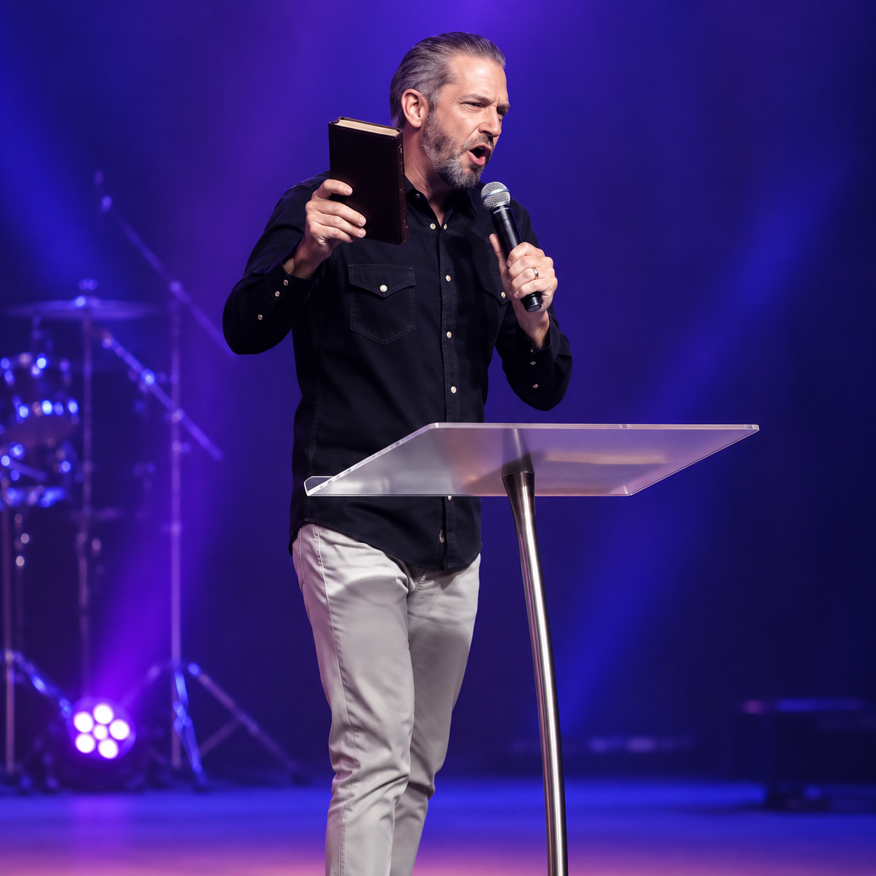 Terry Tripp speaking and singing at a microphone on a violet-lit stage